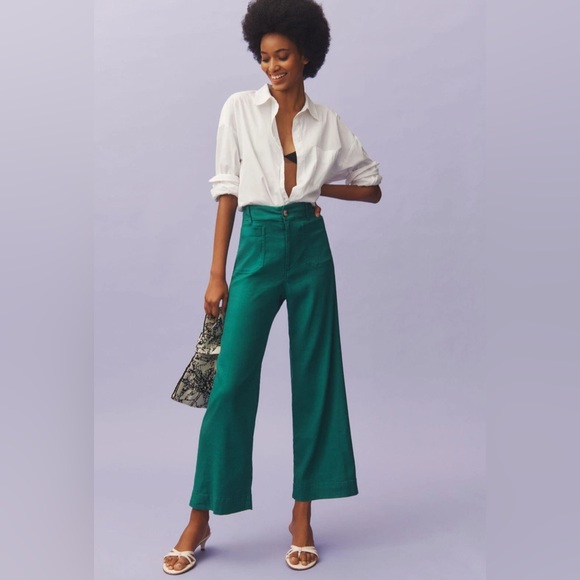 Anthropologie Maeve The Colette Cropped Wide-Leg Pants Linen Ed Green Sz 30T - Picture 1 of 8